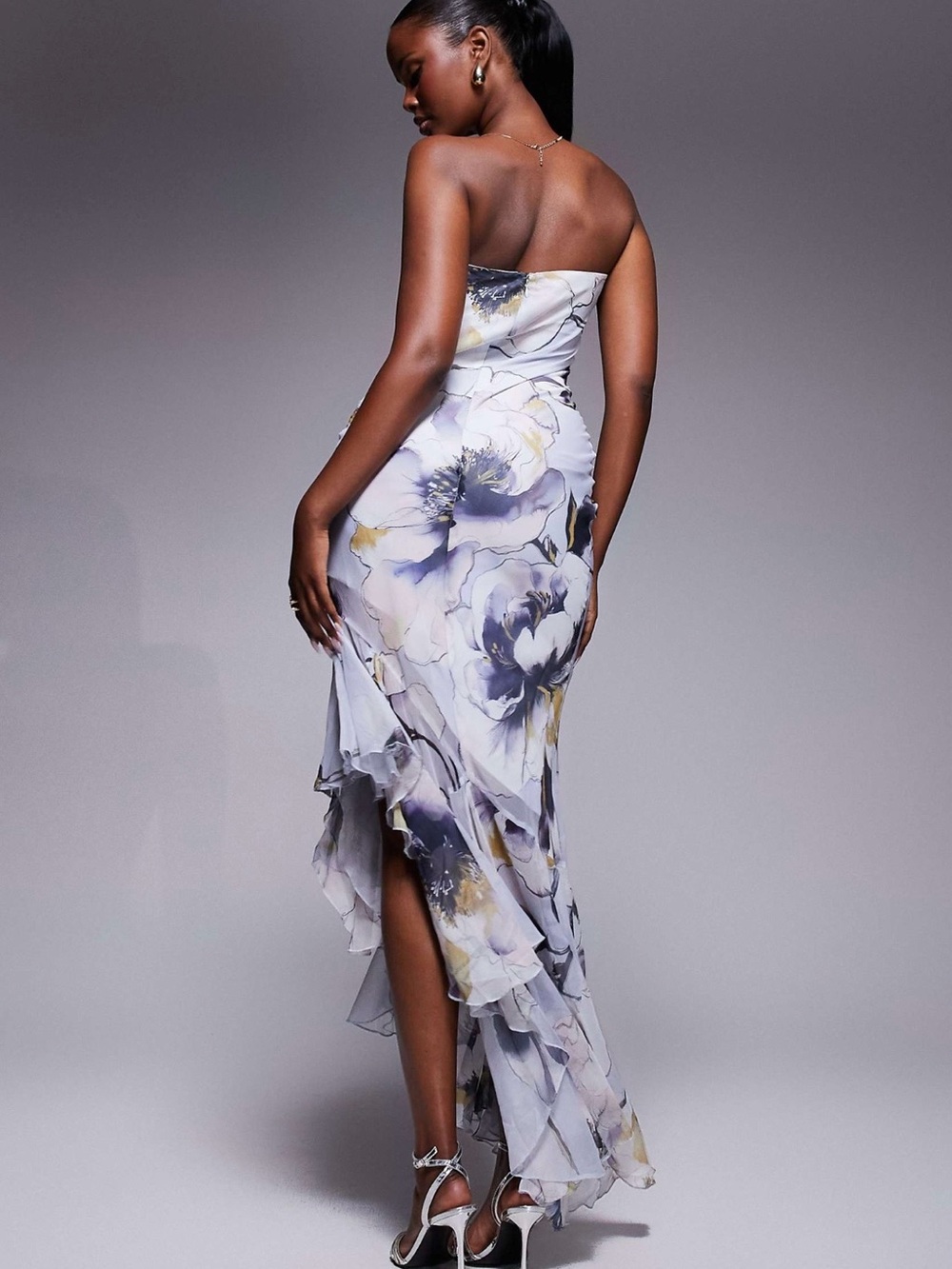 ASOS DESIGN Bandeau Maxi Dress Asymmetric Ruffle Hem Floral Print UK 8 US 4 - Picture 2 of 7